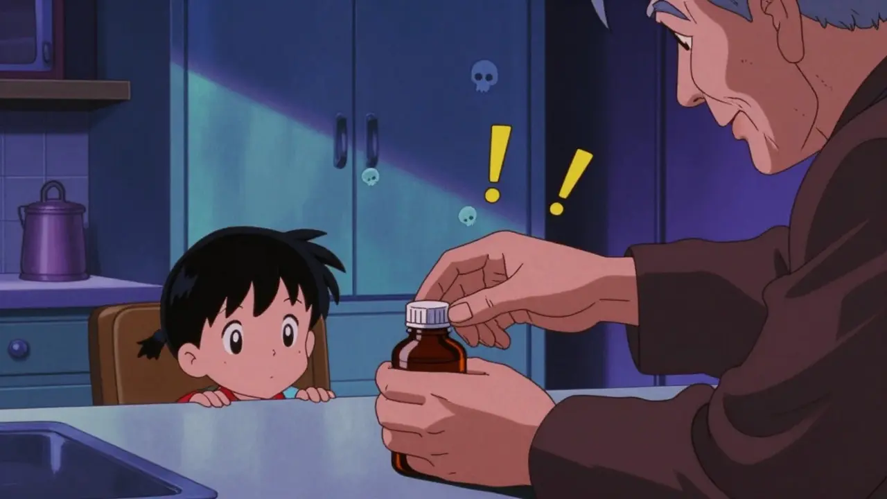 祖父母が薬をカウンターに置き、子どもがそれを狙っている場面。