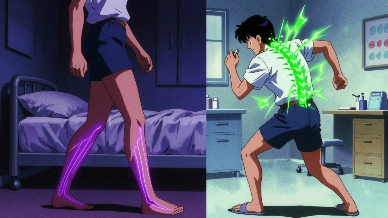 左は夜のむずむず腿、右は薬による異常な焦燥感、両者の違いをアニメで対比。