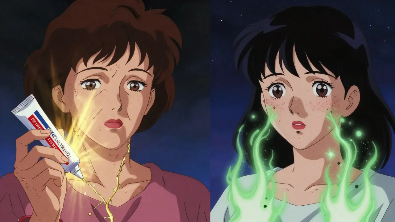 左はシワとくすみの肌、右はニキビの肌、それぞれトレチノインとアダパレンの効果が光で表現されたアニメ風シーン。