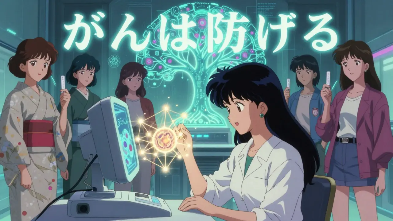 AIが子宮頸がん検査を分析する未来の医療シーン。