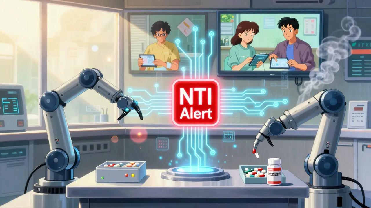 AIがNTI薬を自動警戒する未来の薬局で、ロボットが薬を仕分けし、患者が動画で説明を受けている様子。