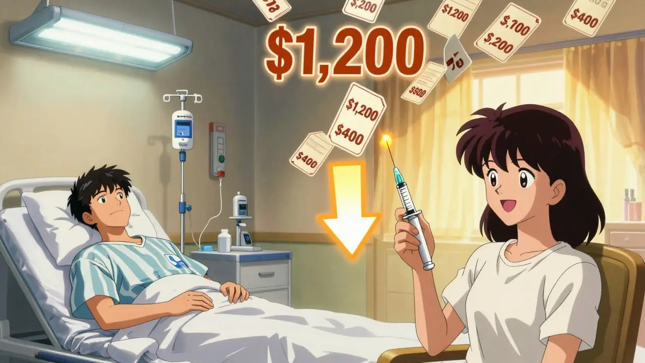 病院での高額注射と自宅での安価な注射の対比シーン。