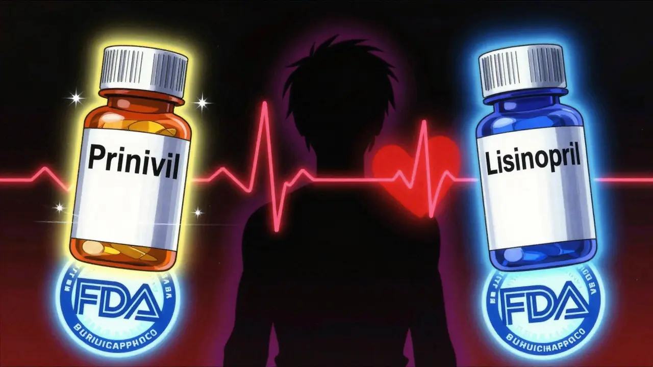 ブランド薬とジェネリック薬が光で区別され、患者の心電図が不安定に点滅するシーン。