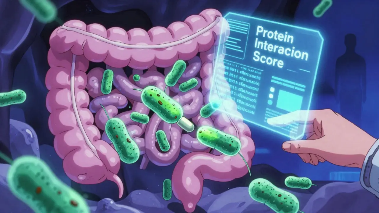 腸内細菌がアミノ酸を避け、レボドパの通路を確保する未来のイメージ、デジタルスコアが浮かぶサイバーパンク風の解剖図。