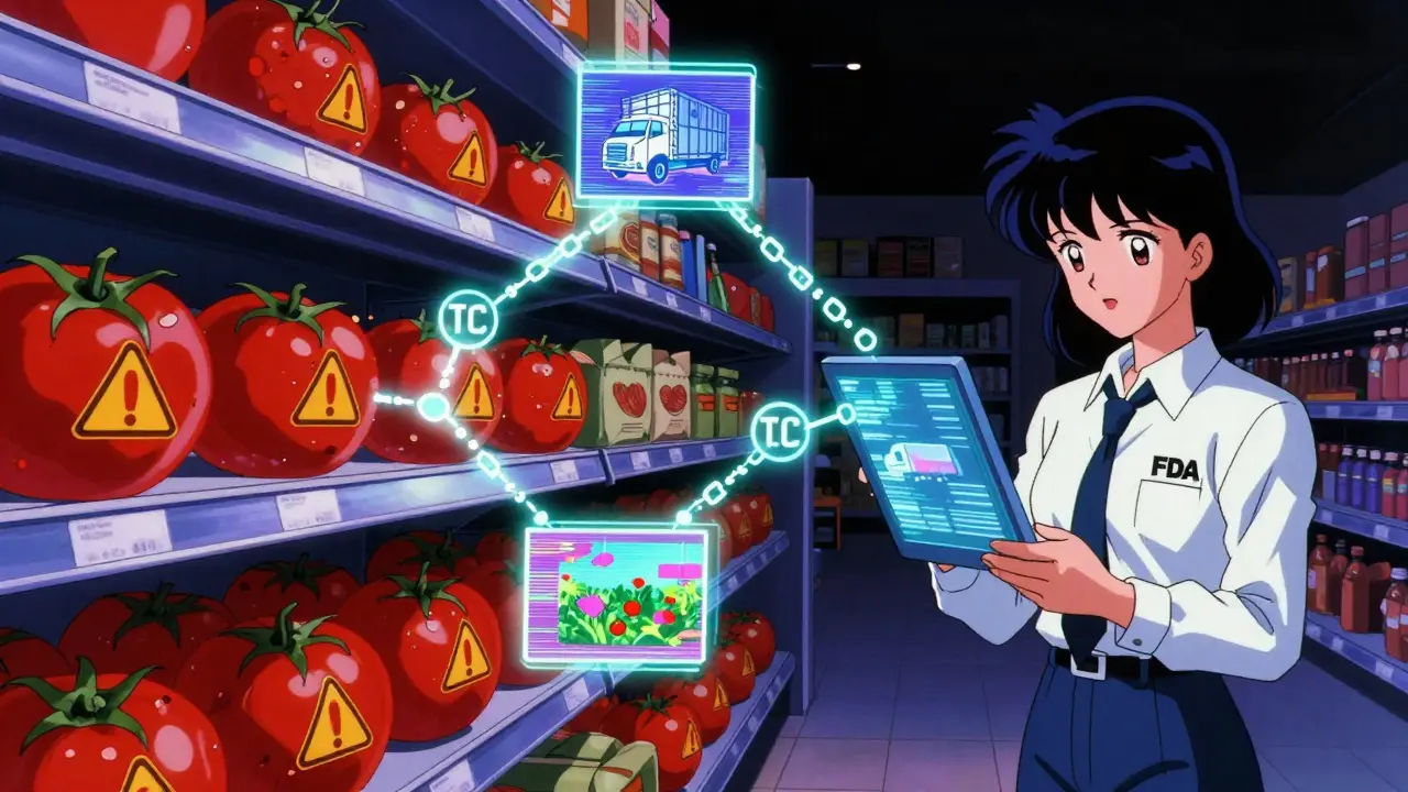 赤く光るトマトの棚からTLCの追跡ラインが工場や農場へとつながるスーパーの内部