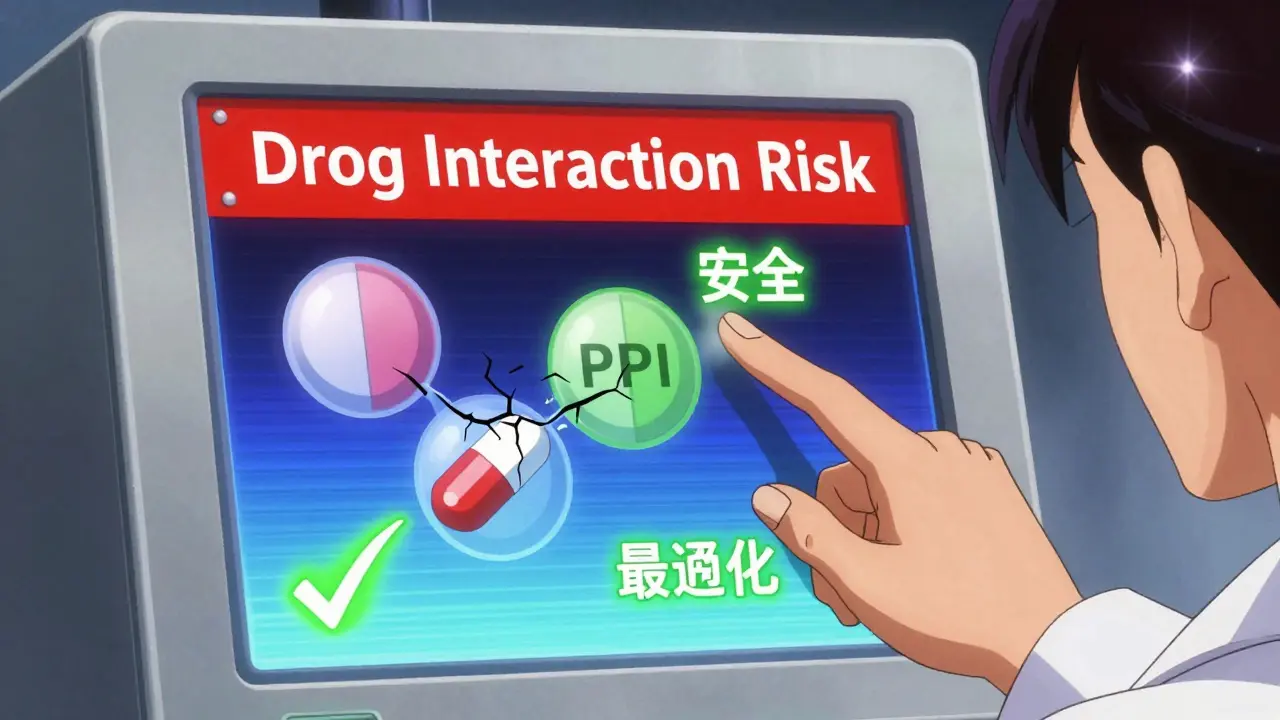 電子カルテに薬の相互作用警告が表示され、安全な代替薬に変換される様子。