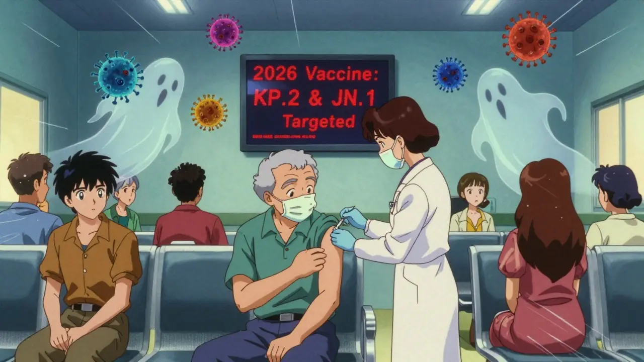 東京の病院で高齢者が年次ワクチンを接種し、ウイルス変異株が空中に浮かぶ