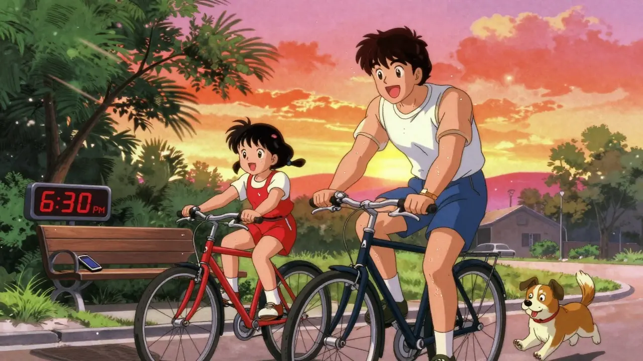 父と娘が夕暮れに公園で自転車に乗っている。