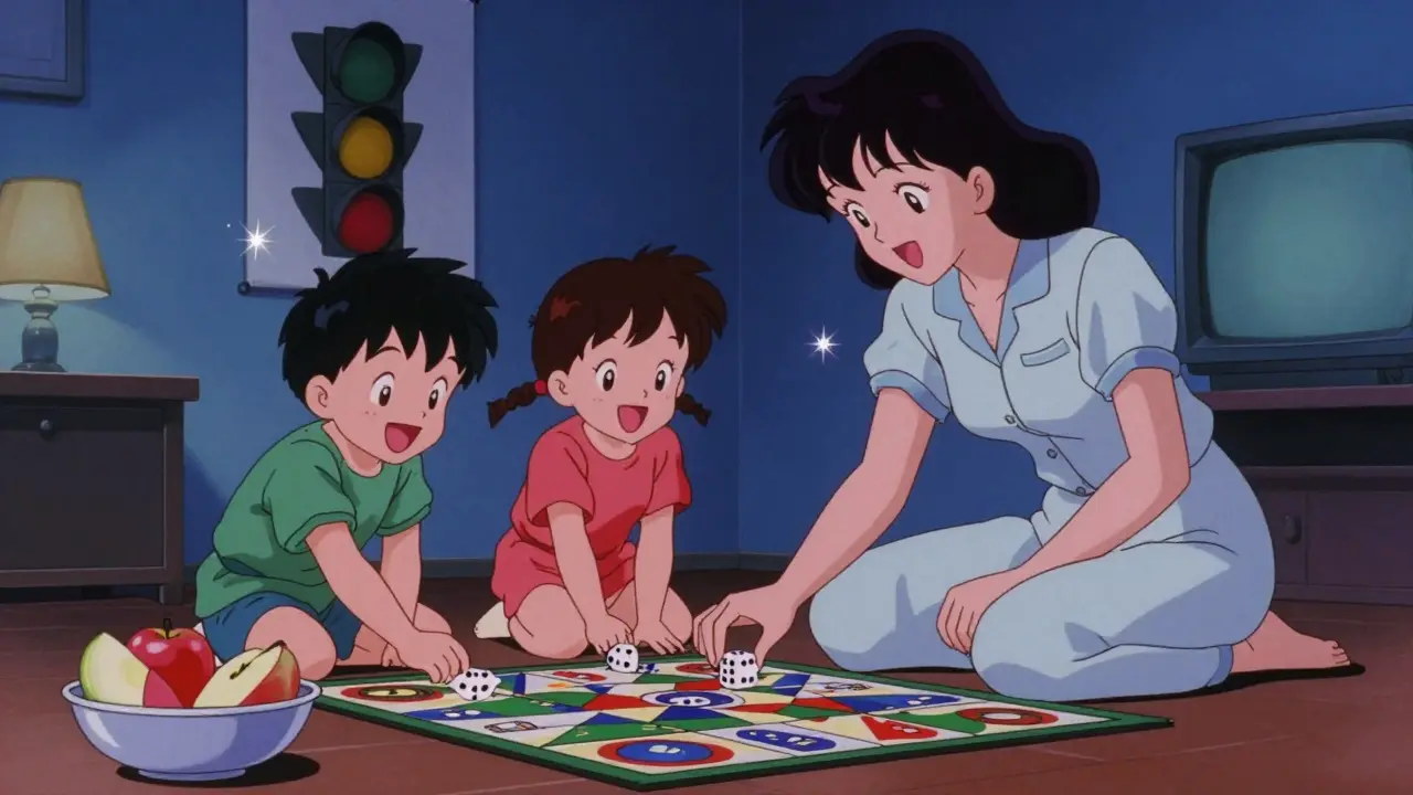 家族がスクリーンなしでボードゲームを楽しんでいる。