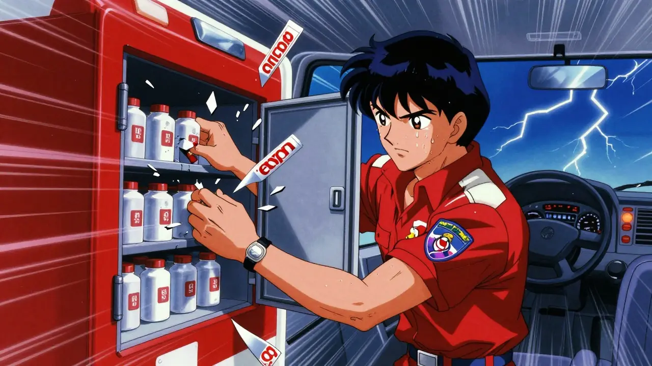 救急車内で緊急薬箱を破壊して薬を取り出す救急隊員