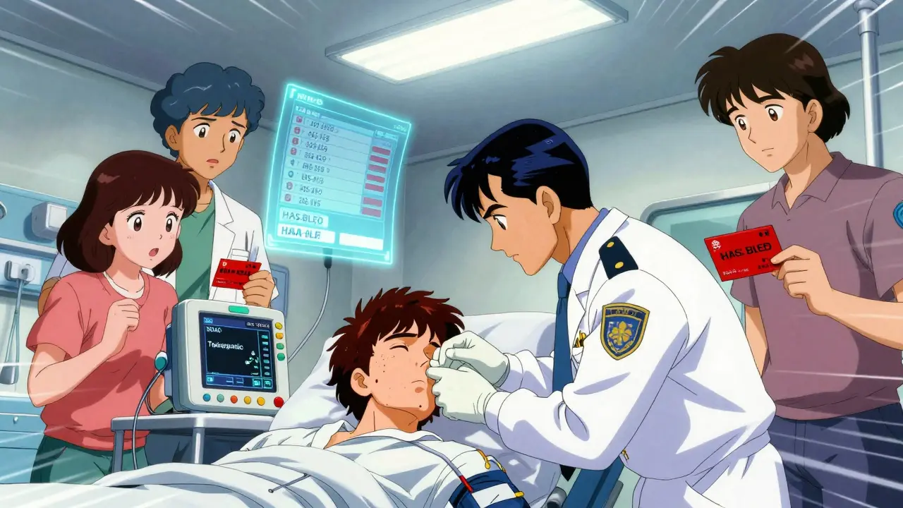 救急室で看護師が鼻の圧迫をし、DOACモニターが薬濃度を表示している。