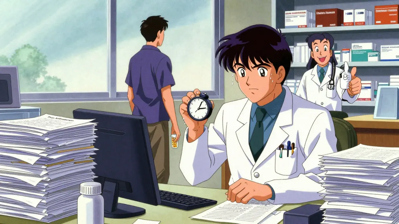 コロラドの医師が大量の書類に圧倒される一方、カリフォルニアでは薬剤師が無料のジェネリックを渡す対比。