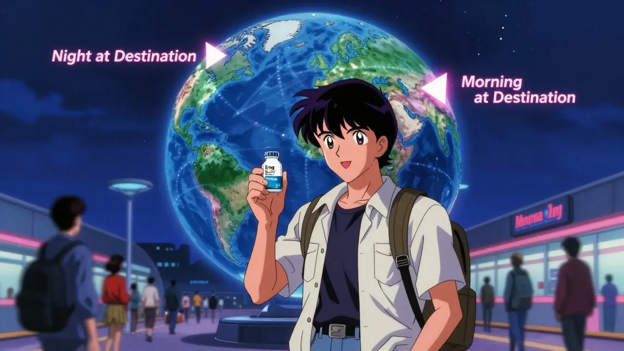 旅行者が地球儀を見ながら時差ボケ対策のメラトニンを手にしているアニメ風シーン。