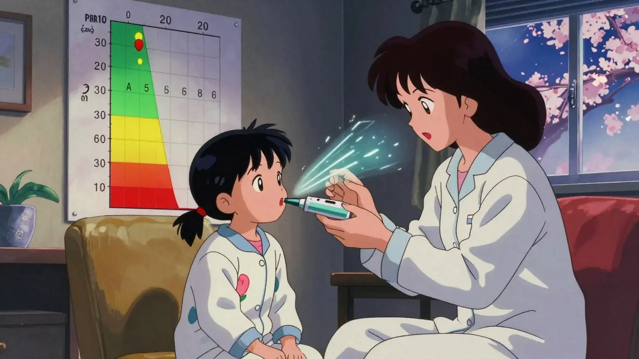 母親と娘が夕暮れにピークフローを測定し、色分けされた管理チャートを見ている。