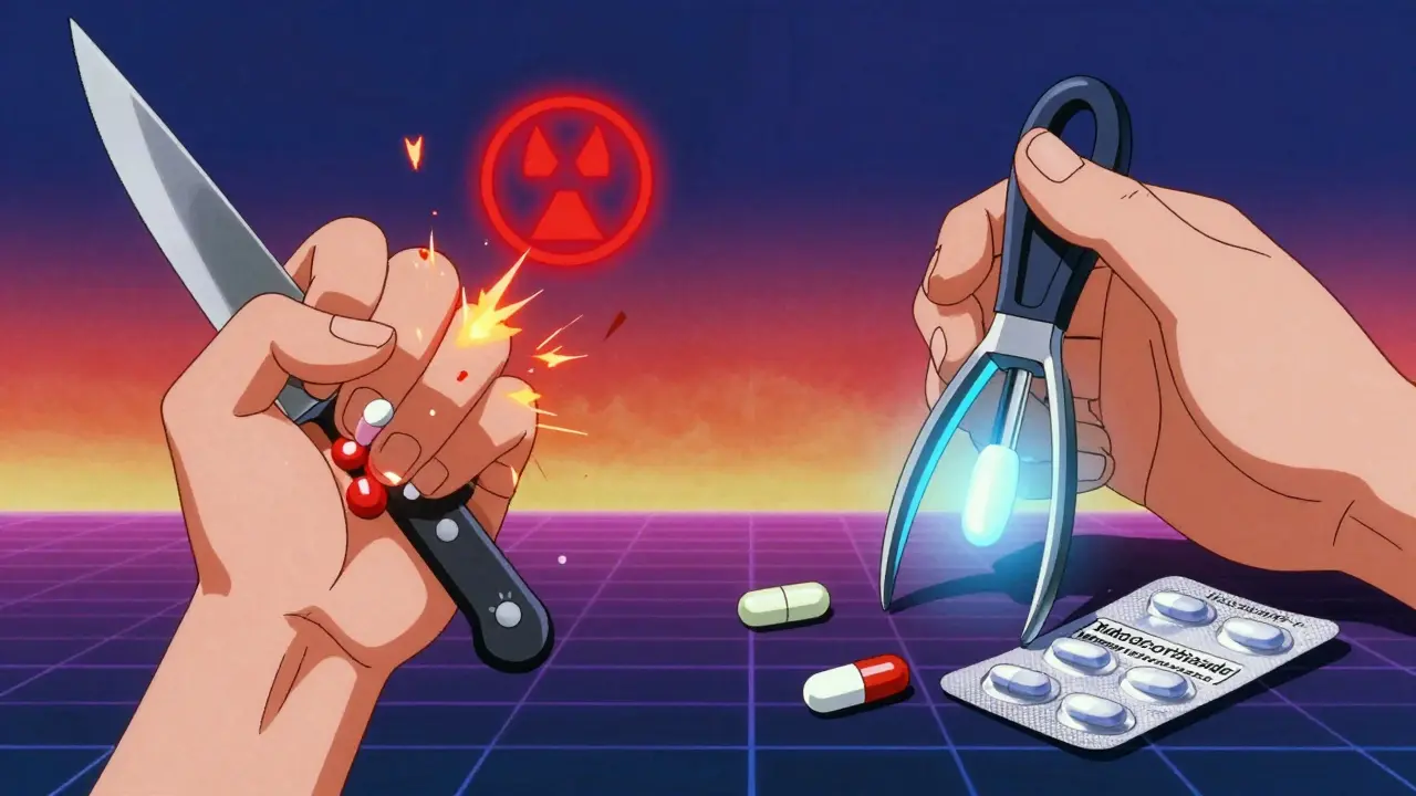 ナイフで錠剤を割る危険な行為と安全な分割方法の対比。