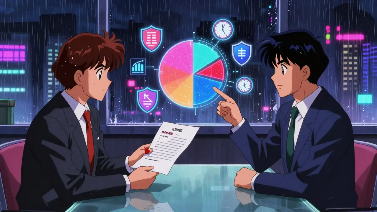 ネオンライトに照らされた交渉室で、リスク分布のホログラムが浮かぶ。