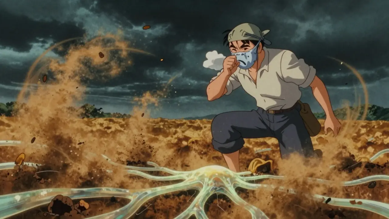 農家が土から舞うカビの胞子を吸い込み、胸を押さえて咳き込む。周囲に光る菌の網が広がる。