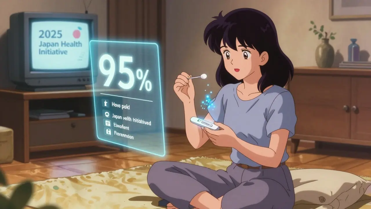 女性が自宅でHPV自己採取キットを使用中。