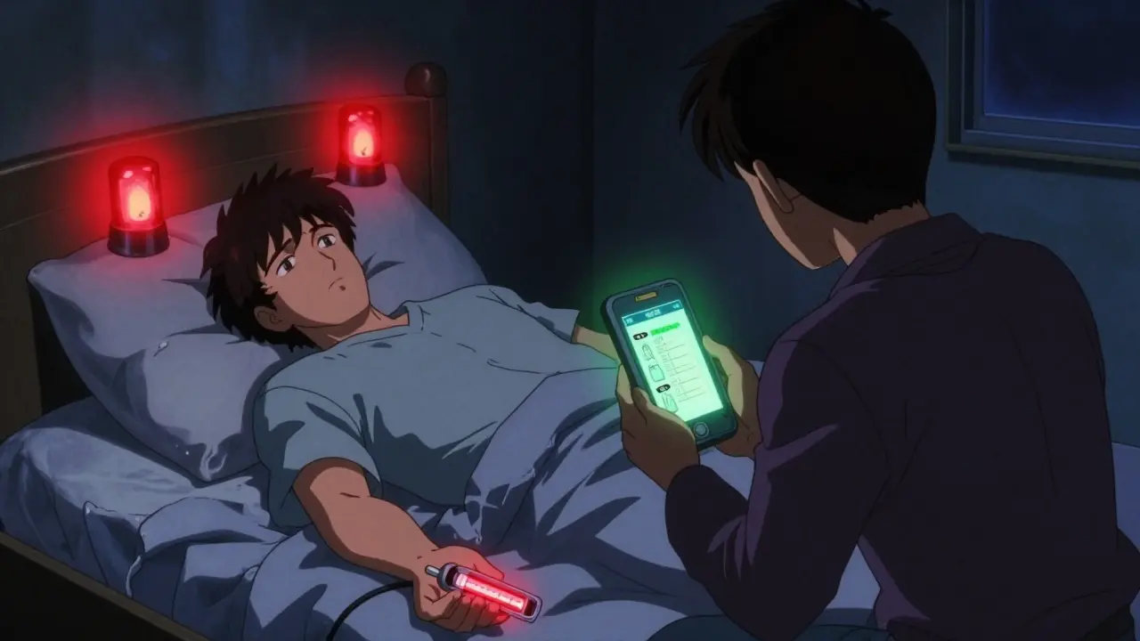 ピークフロー数値がレッドゾーンに落ち、緊急の警告が周囲に浮かぶシーン。