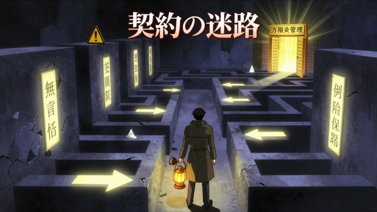 契約の迷路を進む人物が、補填の7要素を照らすランタンを手にしている。