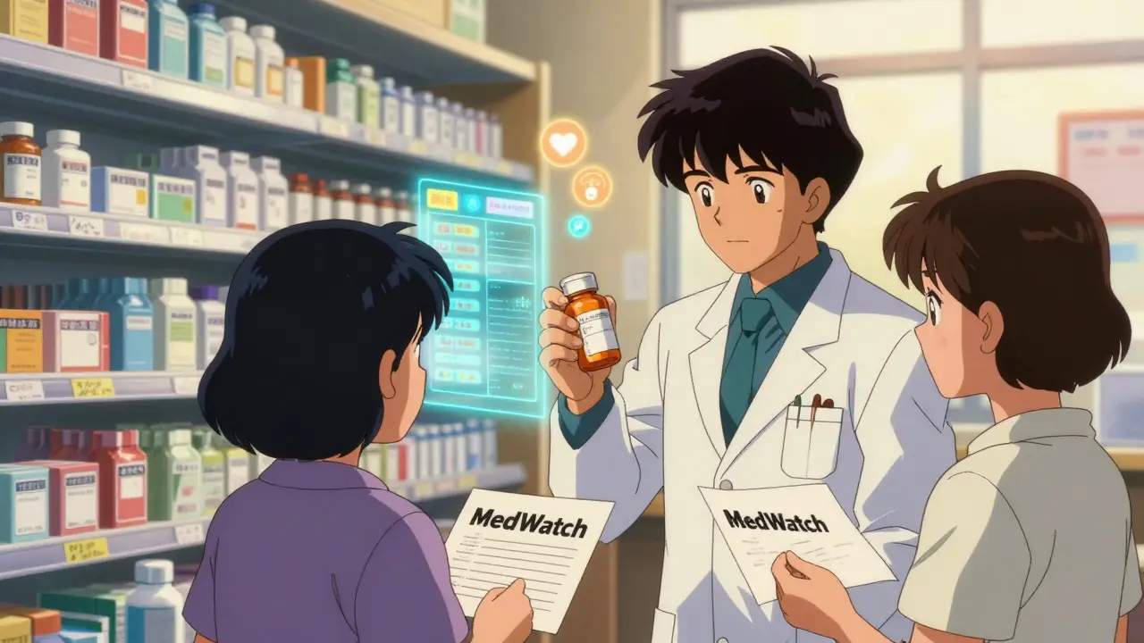 日本の薬剤師が患者とロット番号を確認し、FDAの回収情報を画面で確認している様子。