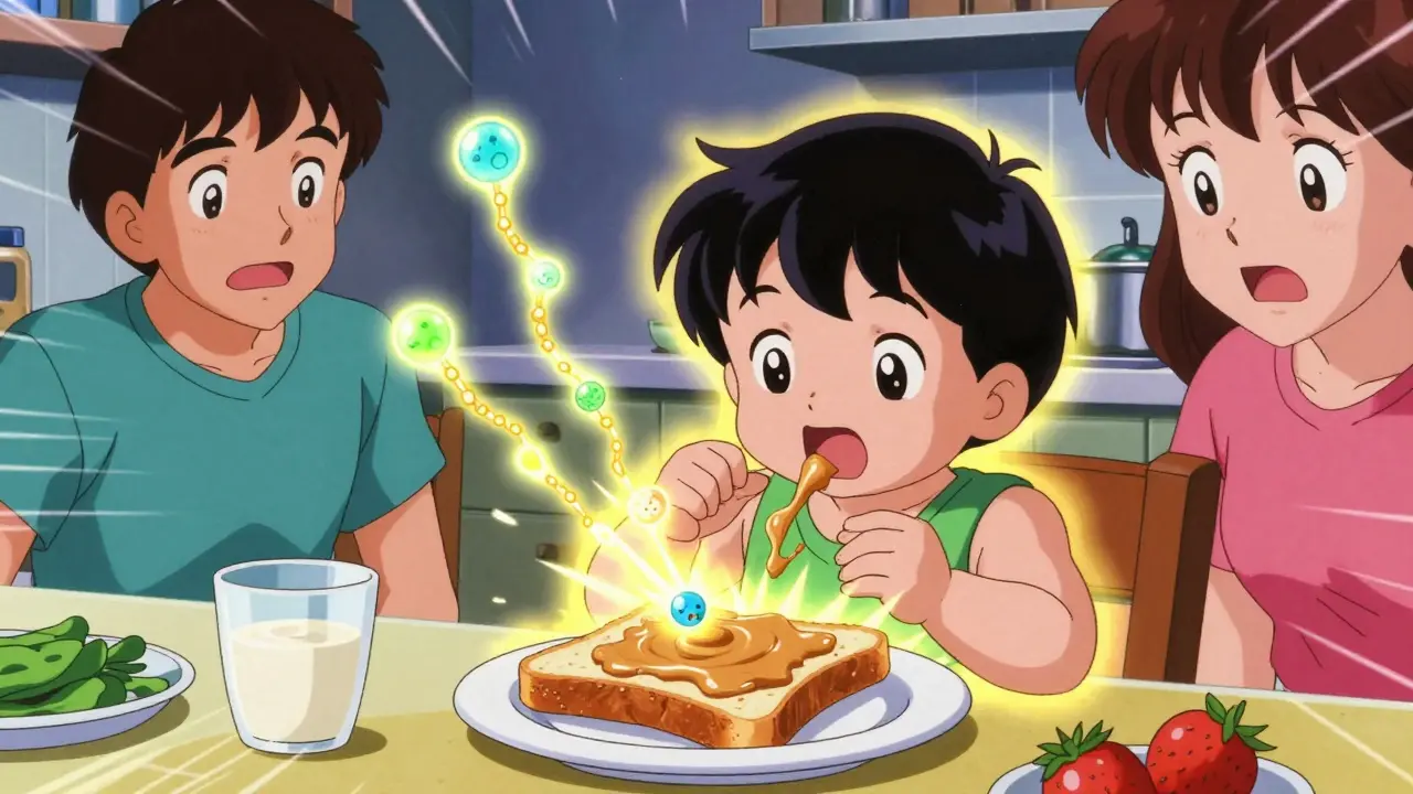 乳幼児がピーナッツバターを初めて食べている場面。