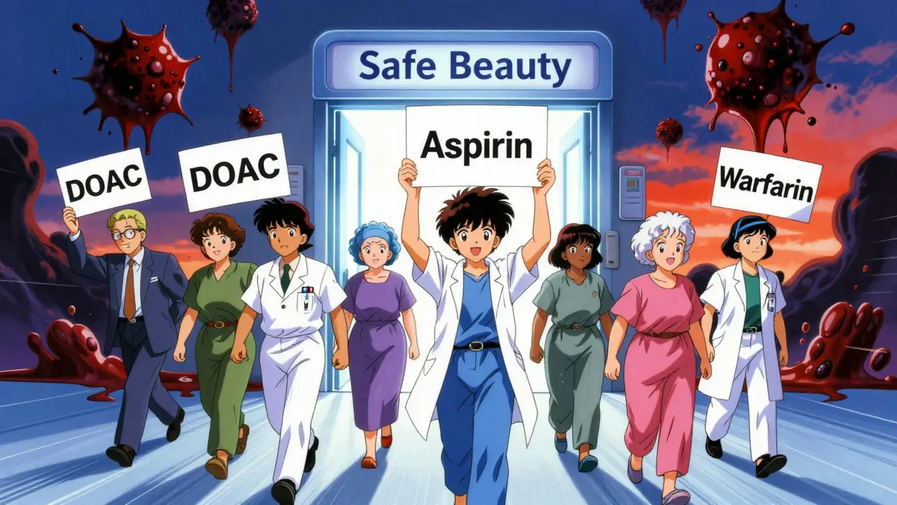 さまざまな患者が抗凝固薬の種類を掲げて安全な手術へ向かう、光に包まれたアニメ風シーン。