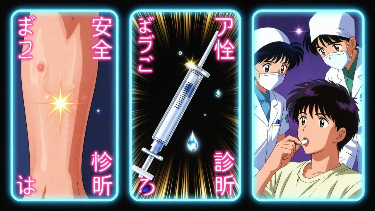 三段階の抗生物質アレルギー検査のシーン：皮膚テスト、皮内注射、経口負荷試験