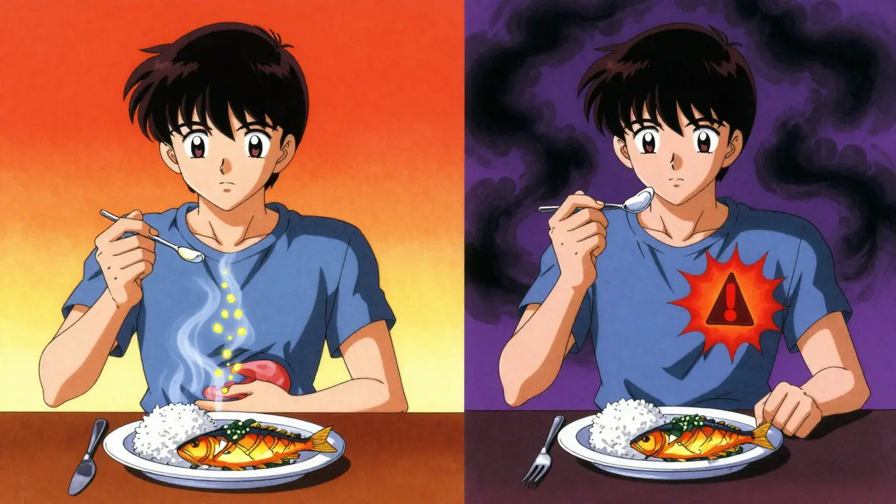 食事をとるときと抜くときの血糖値の違いを、左右対比で描いたアニメ風シーン。