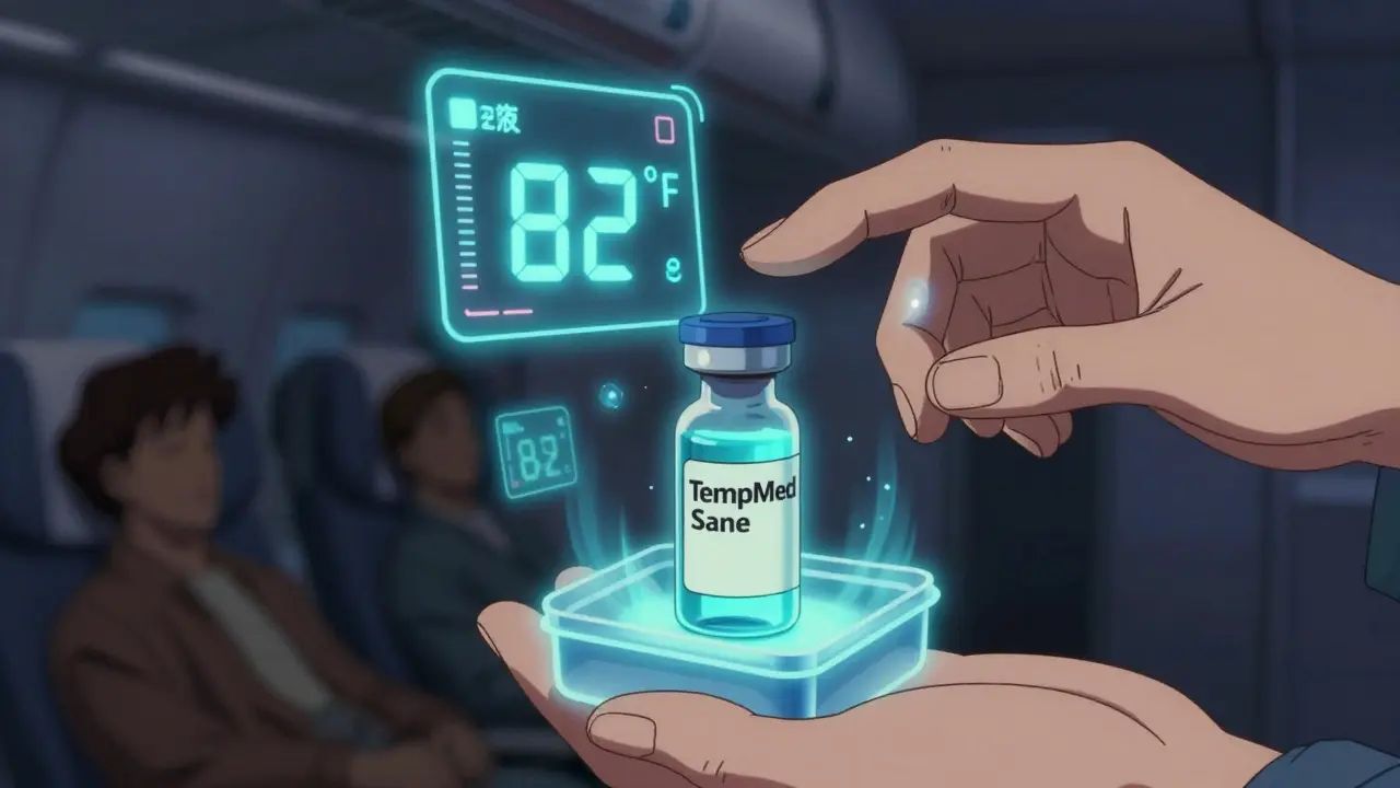 スマート冷却ケースが温度をリアルタイムで監視する飛行機内のシーン。