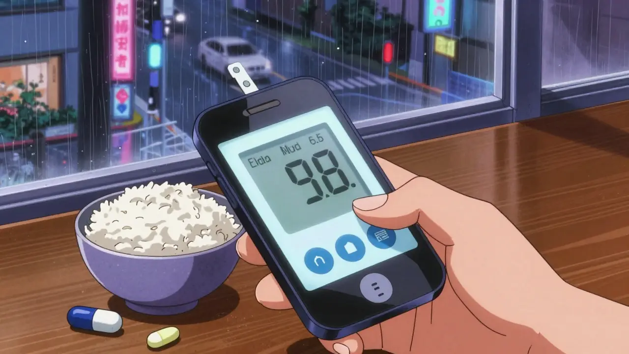 スマートフォンの低血糖アラートと、半分残ったご飯の上に置かれた薬のカプセル。