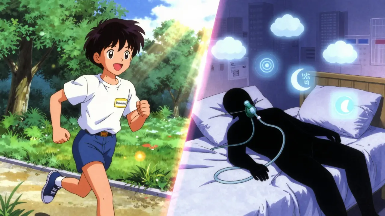 ワクチン接種者の明るい生活と未接種者の苦しみを対比するアニメ風シーン