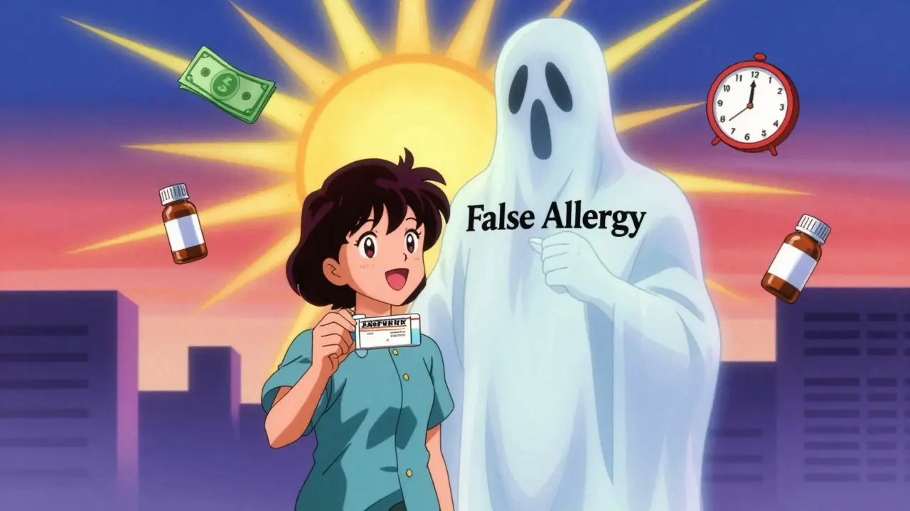 偽のアレルギーから解放され、ペニシリンの処方箋を手にする患者の姿