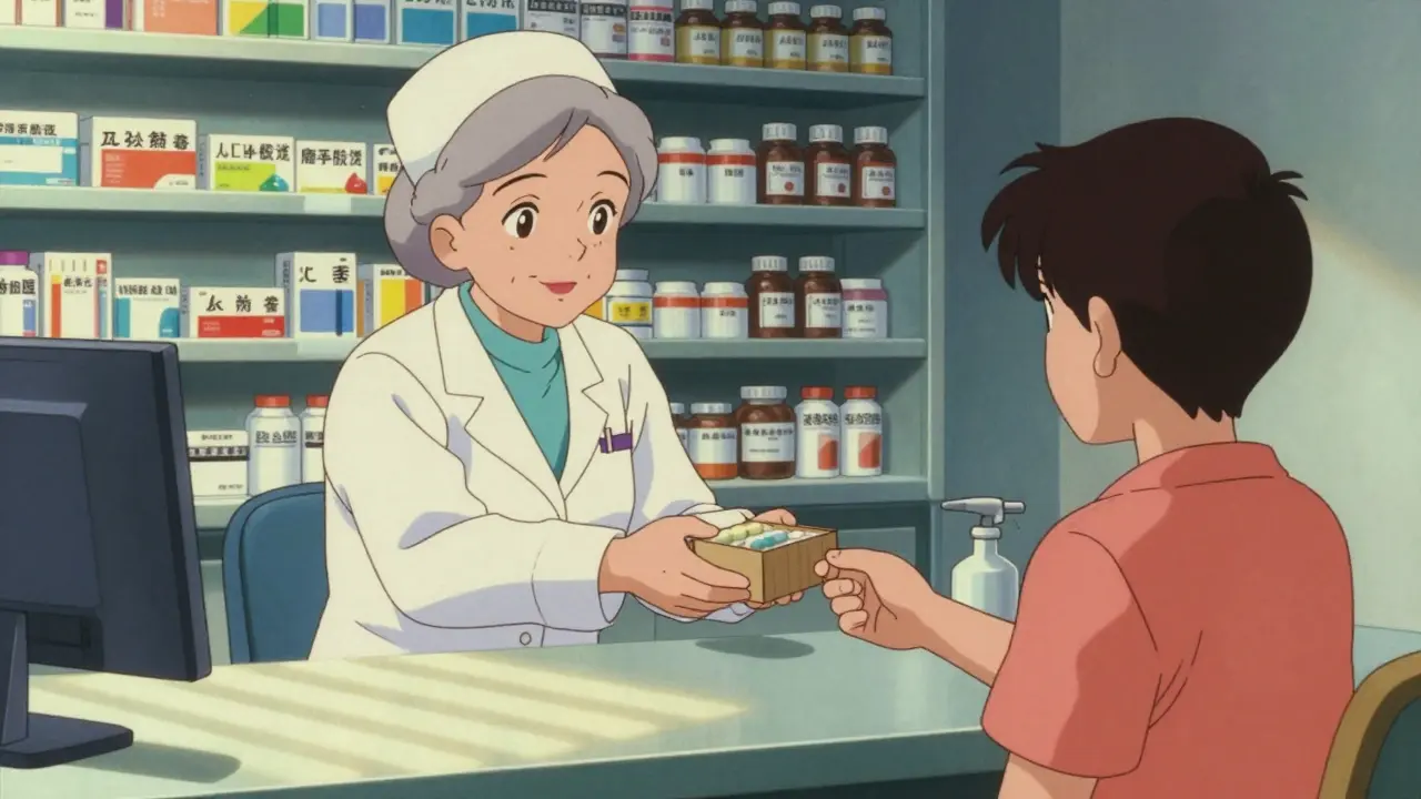 無料クリニックの薬局で看護師から薬を受け取る若者。