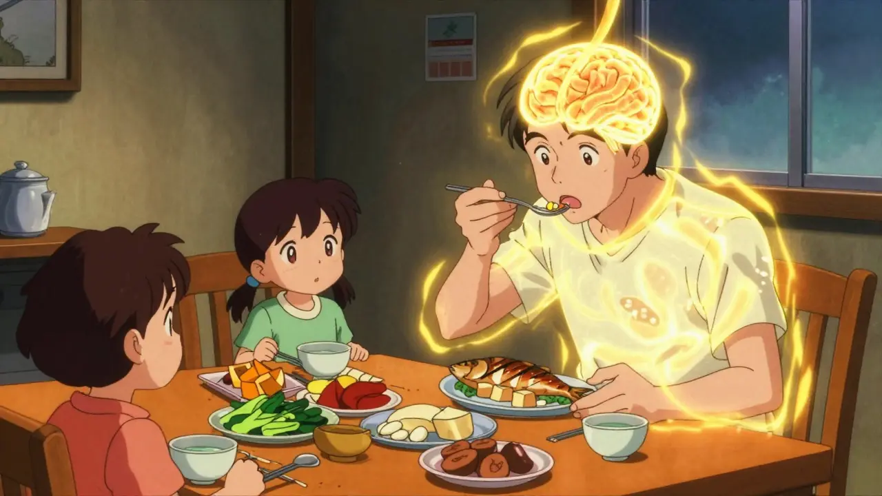 夕食でたんぱく質を摂取する患者の様子、薬が効果的に脳に届く様子が光で表現された温かい食事の場面。