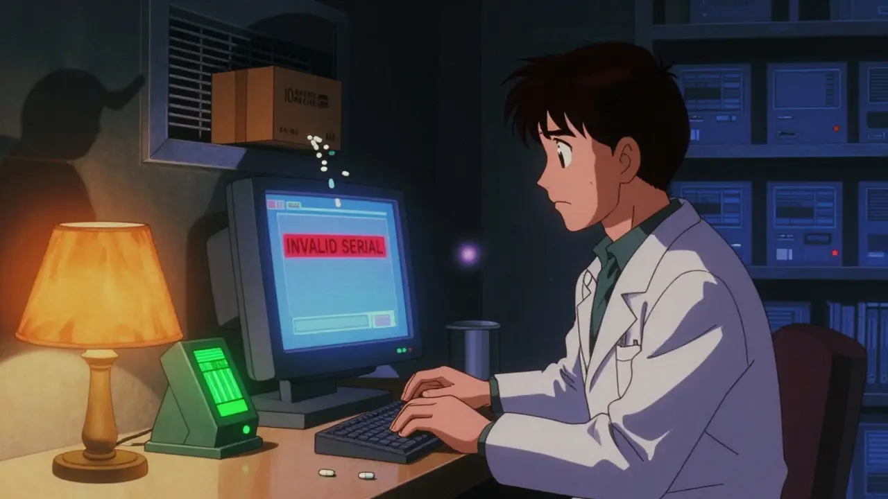 小さな薬局で薬剤師が不正薬の警告画面を見つめている。