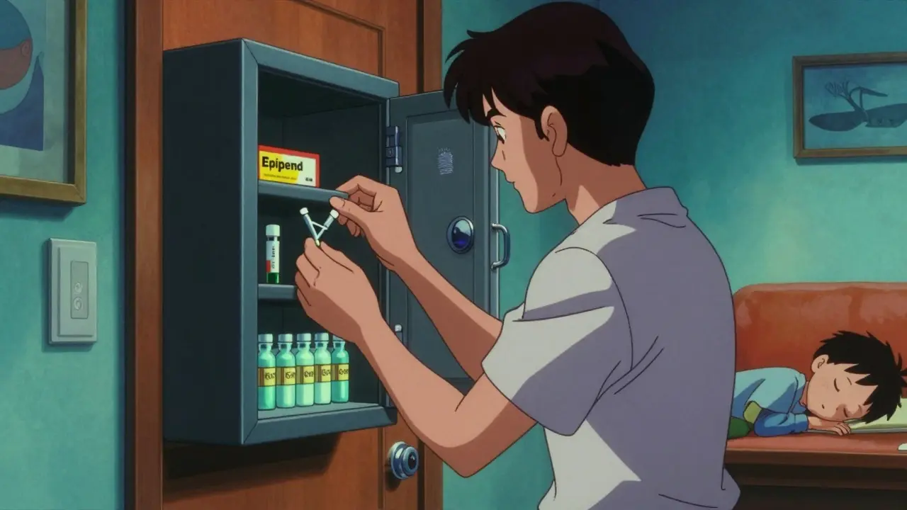 玄関の指紋認証薬用金庫を開ける父親と眠る子ども