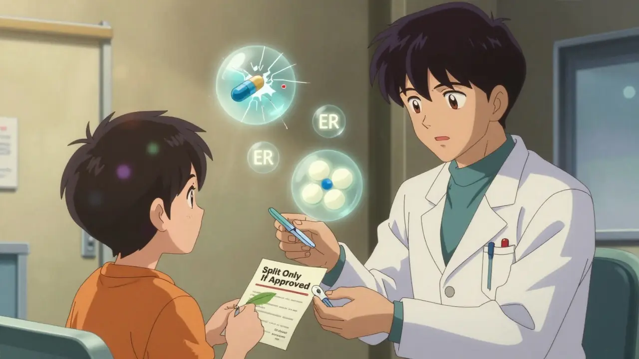 薬剤師が患者に安全な錠剤分割を説明している場面。