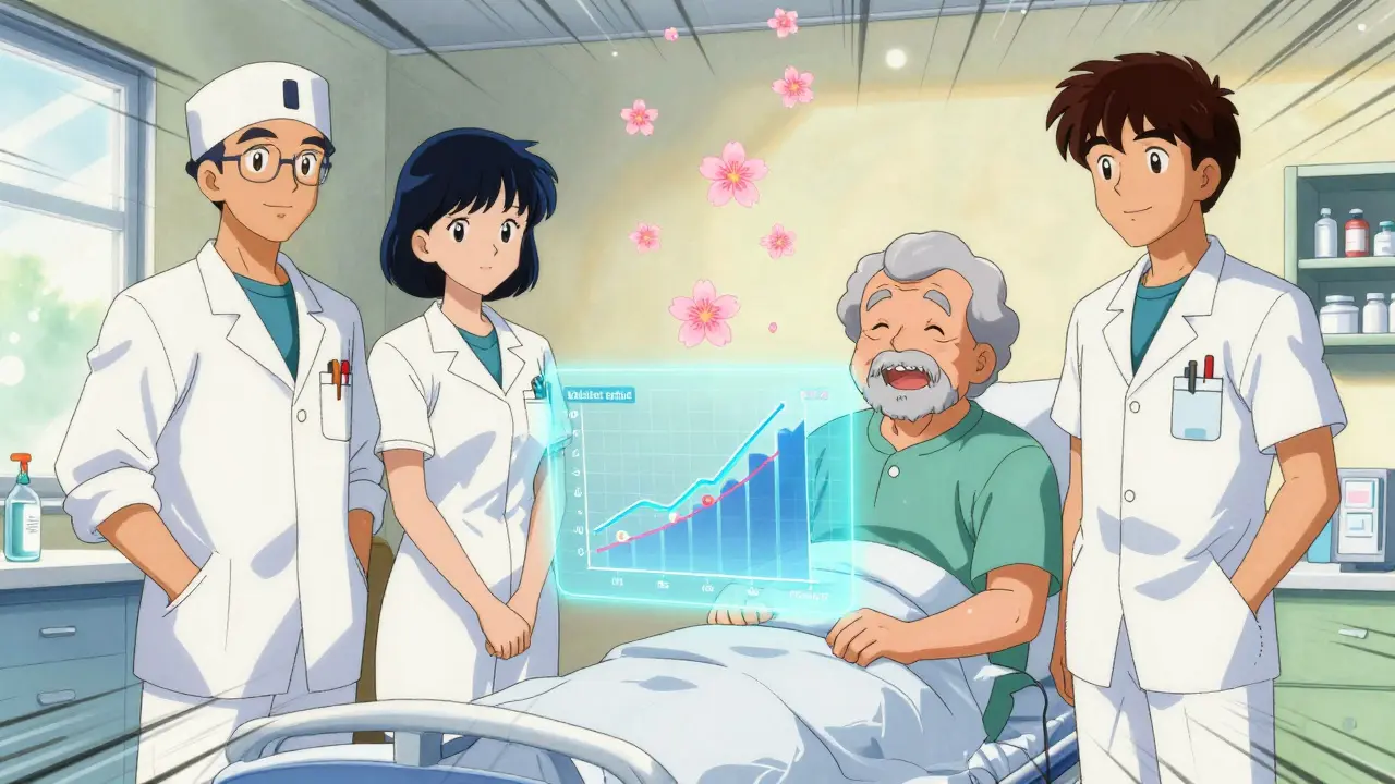 薬剤師と患者が共に回復の成果を祝う、病棟での温かい瞬間。