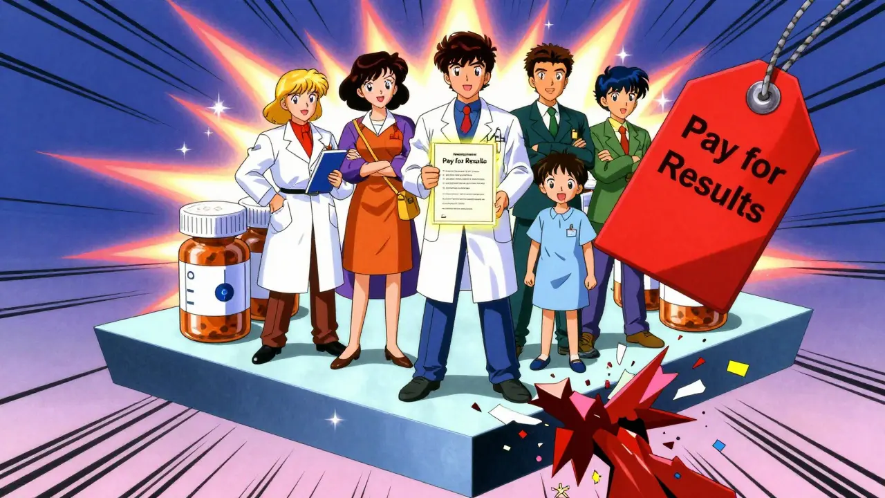 医療チームが『効果に応じて支払う』契約を手にしている様子。