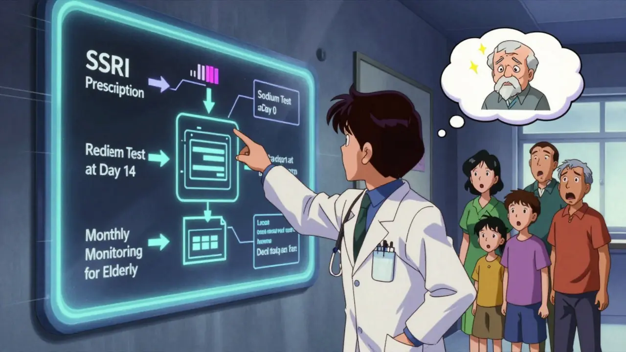 医師が臨床アルゴリズムのチャートを指し示し、高齢者のナトリウム検査の重要性を伝える場面。