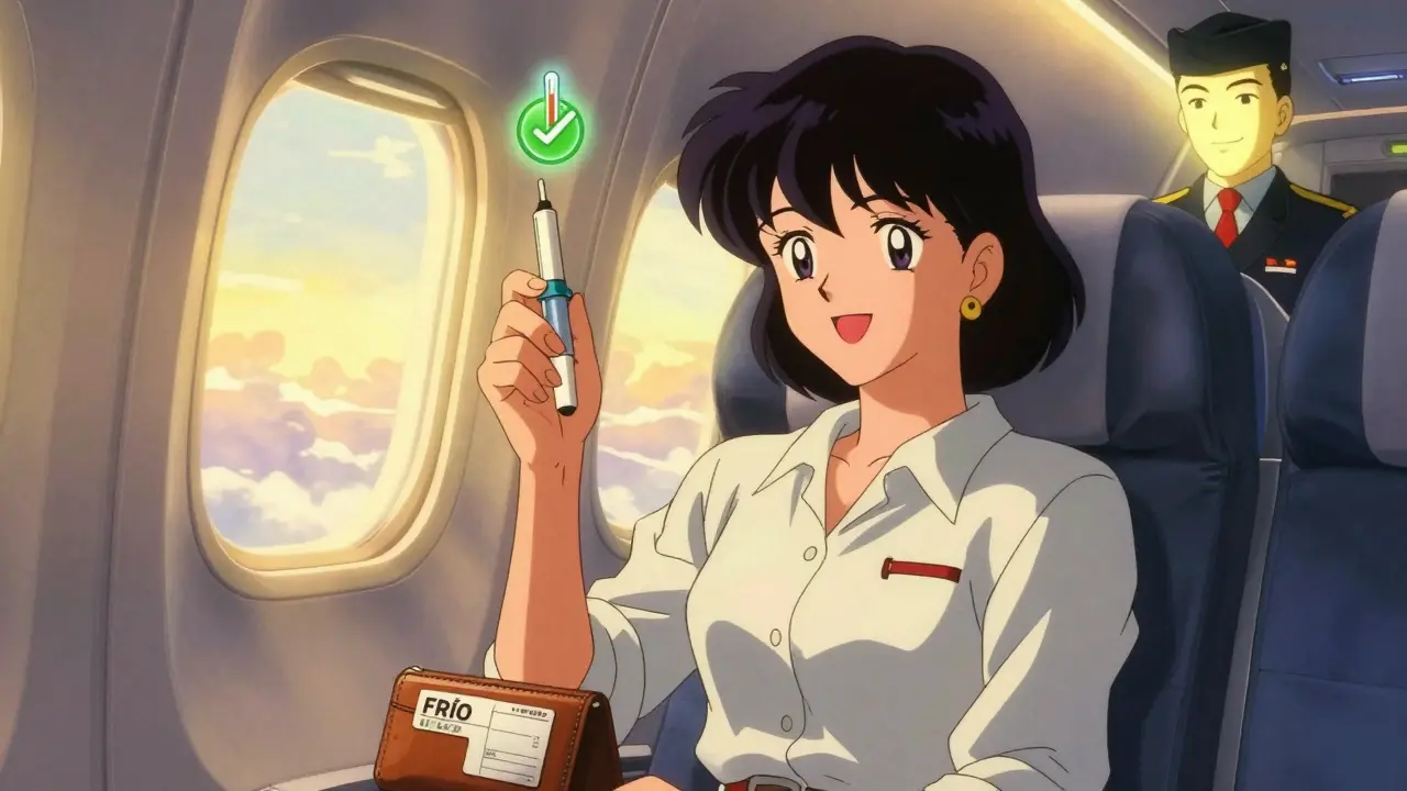 長距離フライトで安心してインスリンを管理する女性の姿。