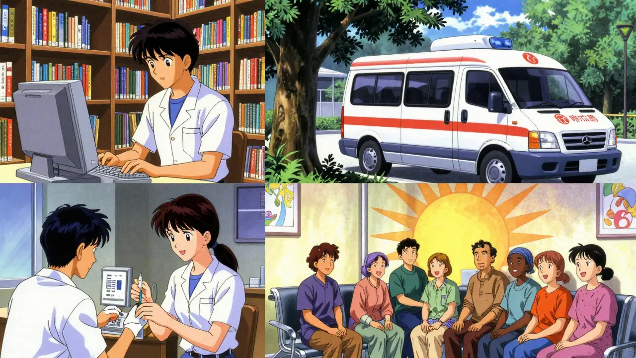 製薬支援申請、モバイル診療所、待合室の3つの希望の瞬間。