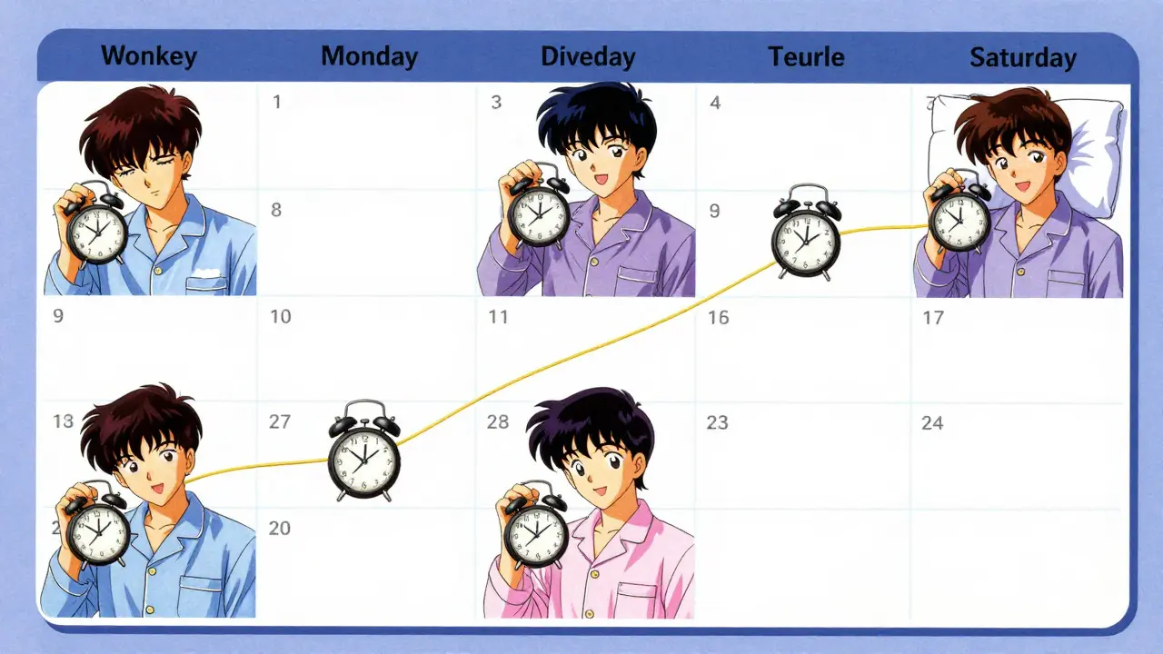 週間カレンダーに並ぶ5人の人物が同じ時計を持ち、起床時間の安定性を象徴する金色の線でつながっている。