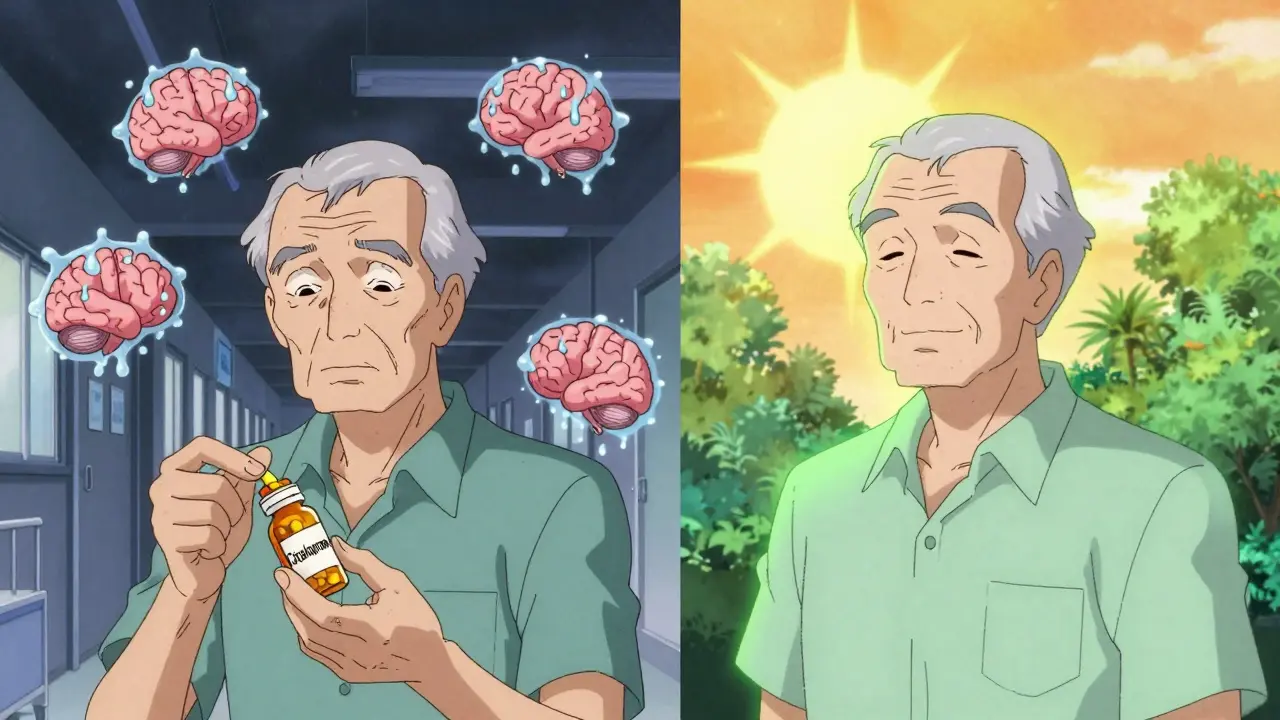 左はセトロルミンを飲む高齢者の脳が水分で膨らみ、右はミルタザピンを飲む同じ人が穏やかに過ごしている対比シーン。