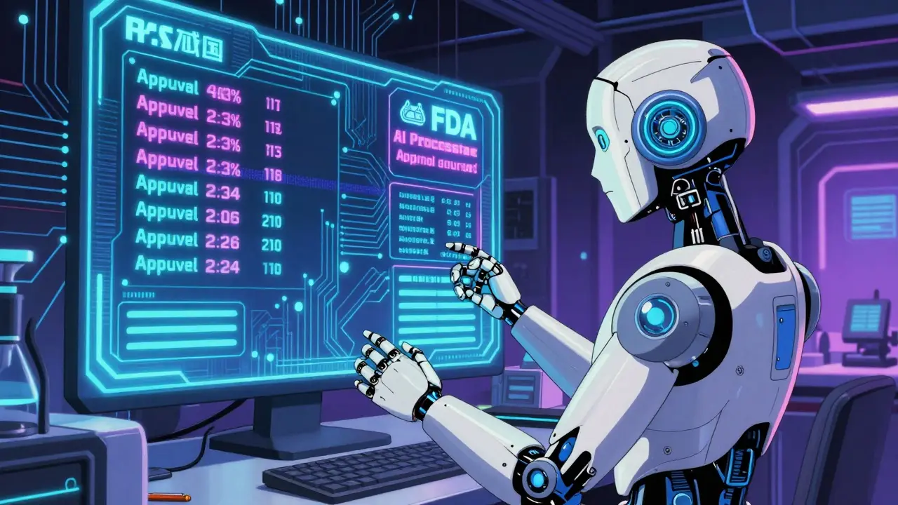 AIロボットが規制データを分析する未来の研究室。FDAの43%処理率が表示されている。