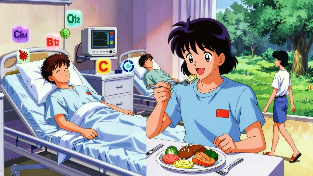 病院と健康的な生活の対比シーン：検査値と食事・睡眠の改善が描かれている。