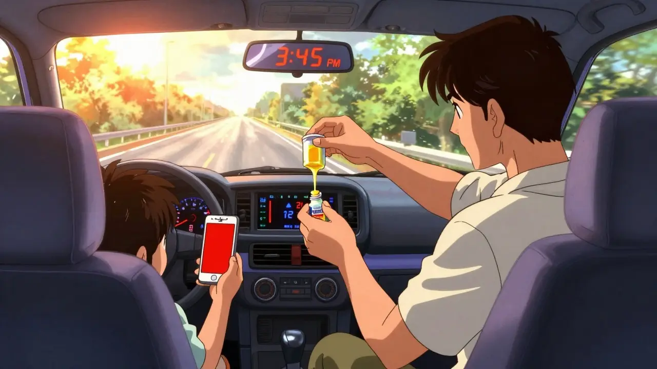 車のグローブボックスで薬が熱で溶け、スマホの温度ラベルが赤く点灯している様子。