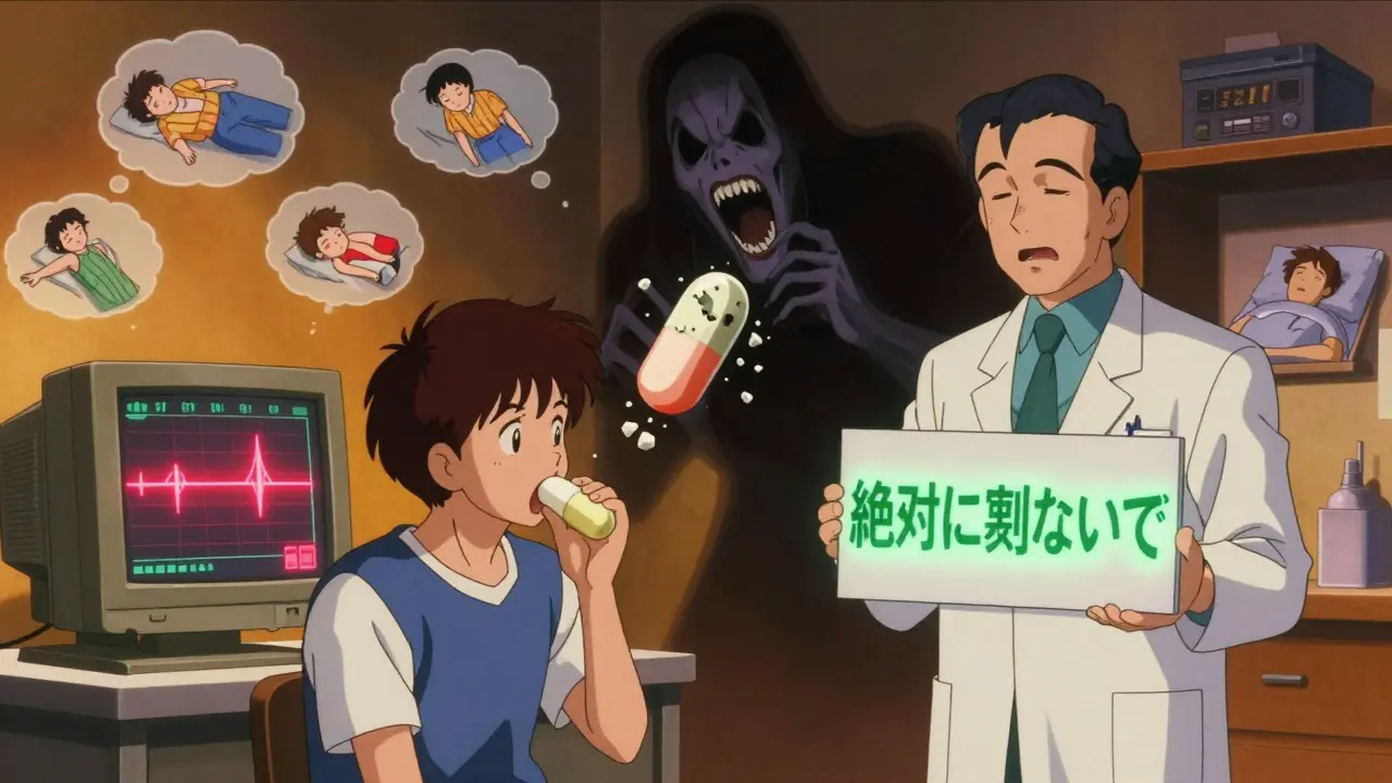 持続放出型薬を割ろうとする人を警告する薬剤師と、破壊の危険を示す影。