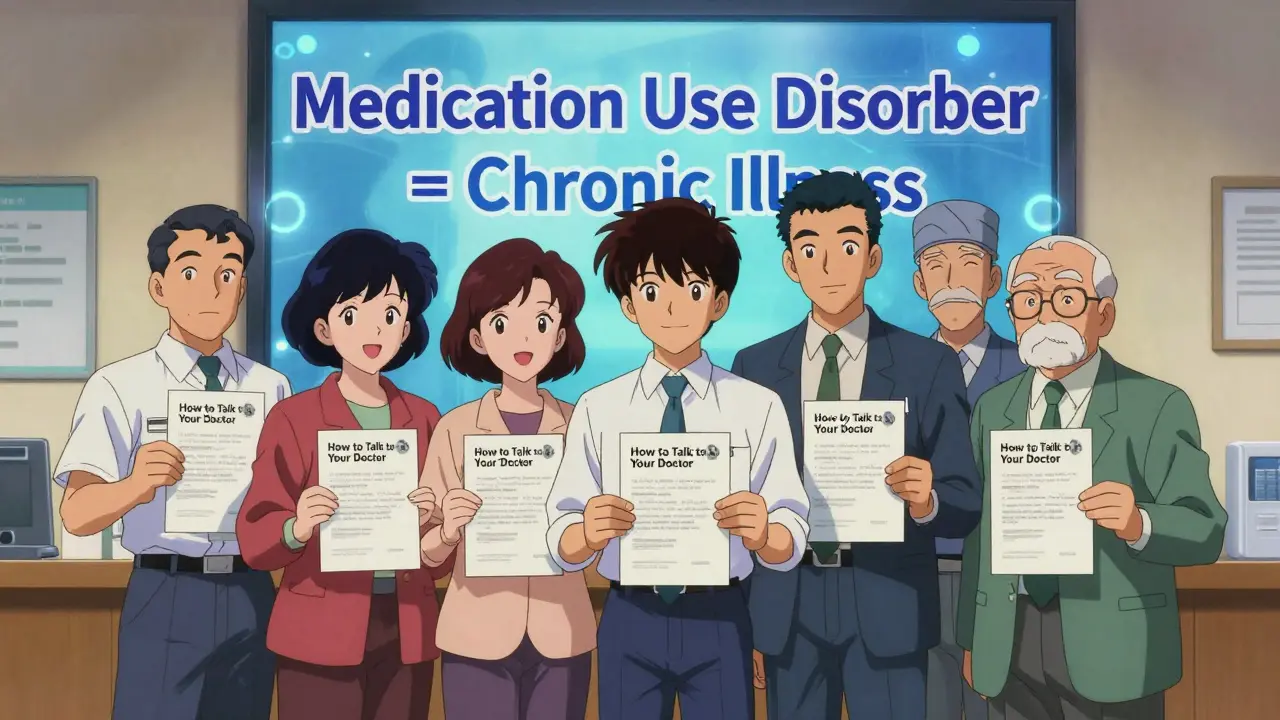 地域の健康センターで、人々が医師との話し方の手帳を手にしている様子。
